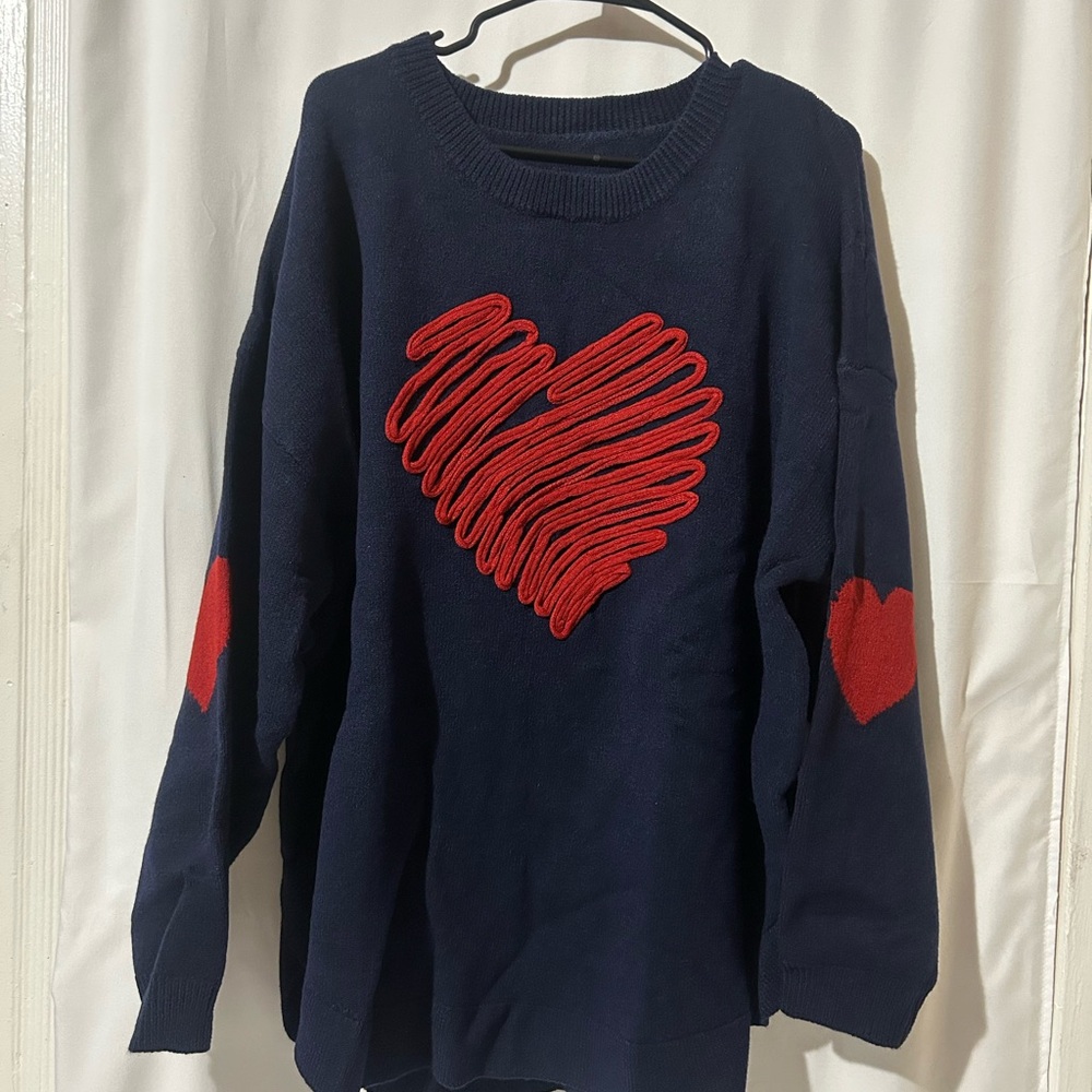BloomChic Navy Blue Sweater with Red Heart Design